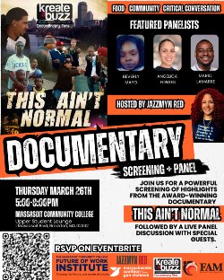 Event flyer with photos from documentary and of panelists